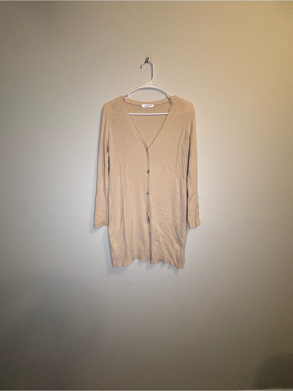 Magnolia Ribbed Long Button-Front Cardigan in Beige